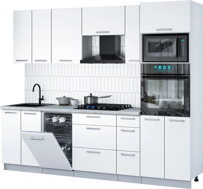 

Готовая кухня Интерлиния Мила Gloss 2.55-ПМ3 (белый/белый/серый каспий)