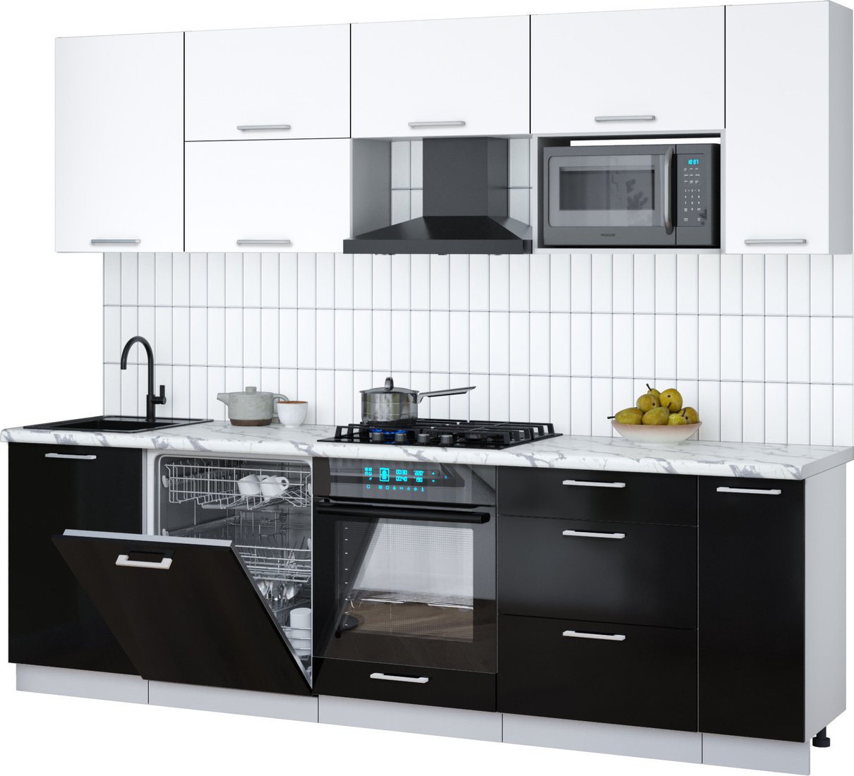 

Готовая кухня Интерлиния Мила Gloss 2.6-ПМ2 (черный глянец/белый/белый гранит)