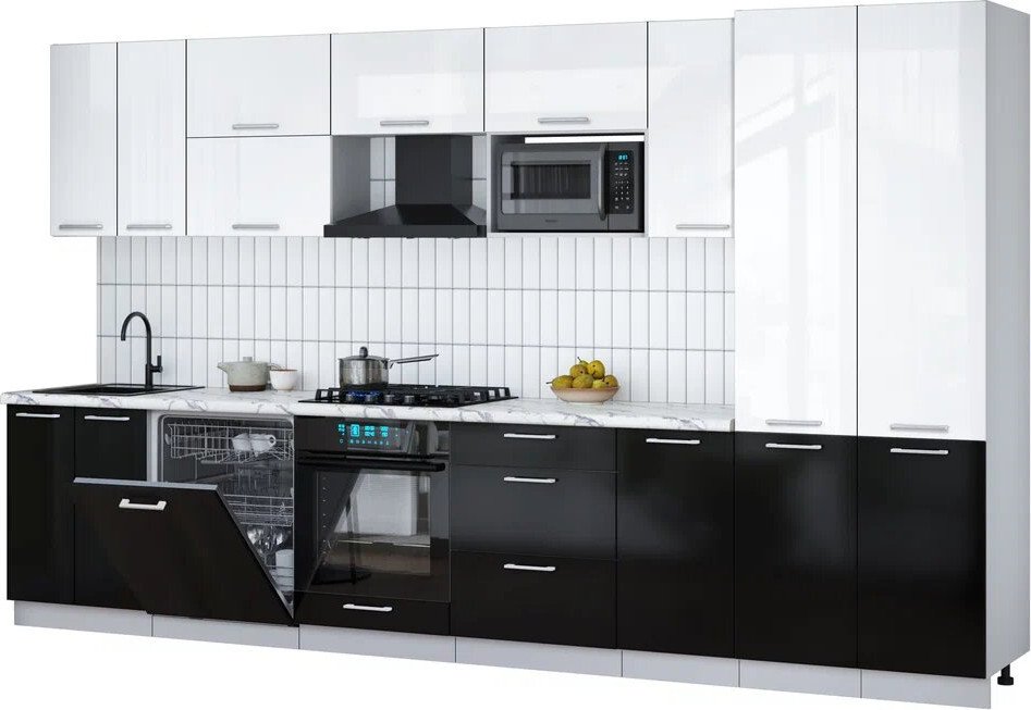 

Готовая кухня Интерлиния Мила Gloss 3.6-ПМ2 (черный глянец/белый глянец/белый гранит)