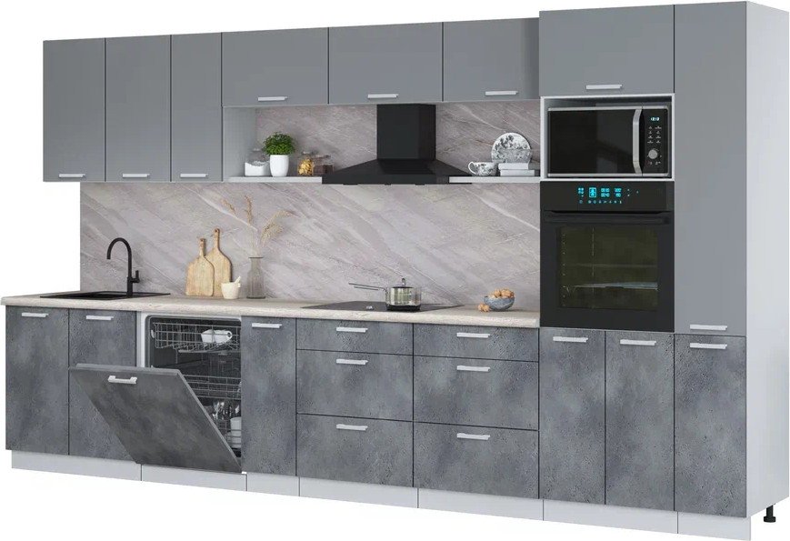 

Готовая кухня Интерлиния Мила Лайт 3.8-ПМ1 (серебро/бетон портленд/травертин серый)