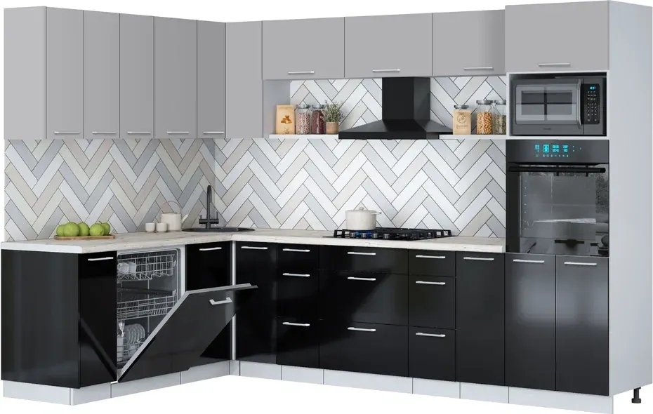 

Готовая кухня Интерлиния Мила Gloss 1.896х2.98-2 (черный глянец/грей/бискайская сосна)