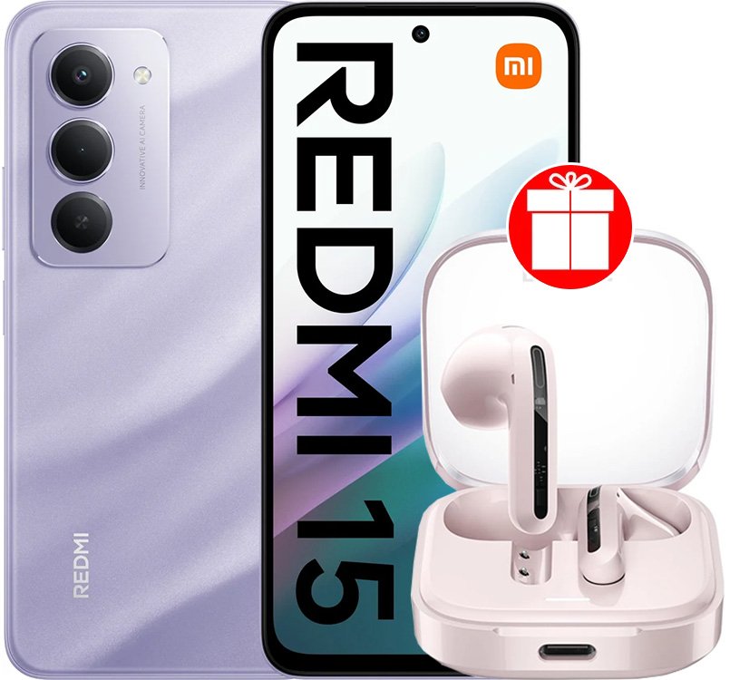 Телефон Xiaomi Redmi 15 4G 6GB/128GB международная версия (фиолетовый) + наушники Xiaomi Redmi Buds 6 Active M2344E1 (розовый) по акции
