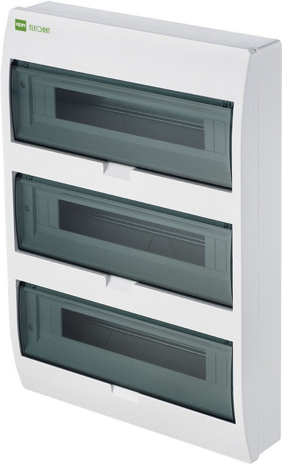 

Бокс пластиковый Elektro-Plast Elegant 3x18M, N/PE 4x 2x16+12x10mm2, 3x дымчатых пласт. двери, белый RAL9003, 784x410x98mm, IP40