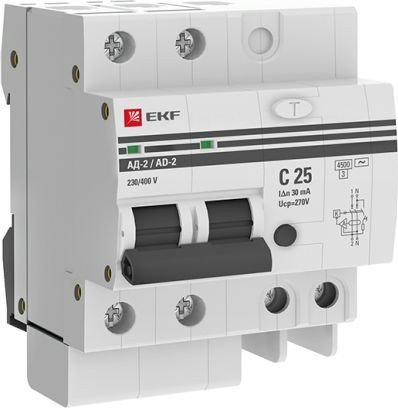 

Дифференциальный автомат EKF АД-2 25А/30мА 4,5кА DA2-25-30-pro