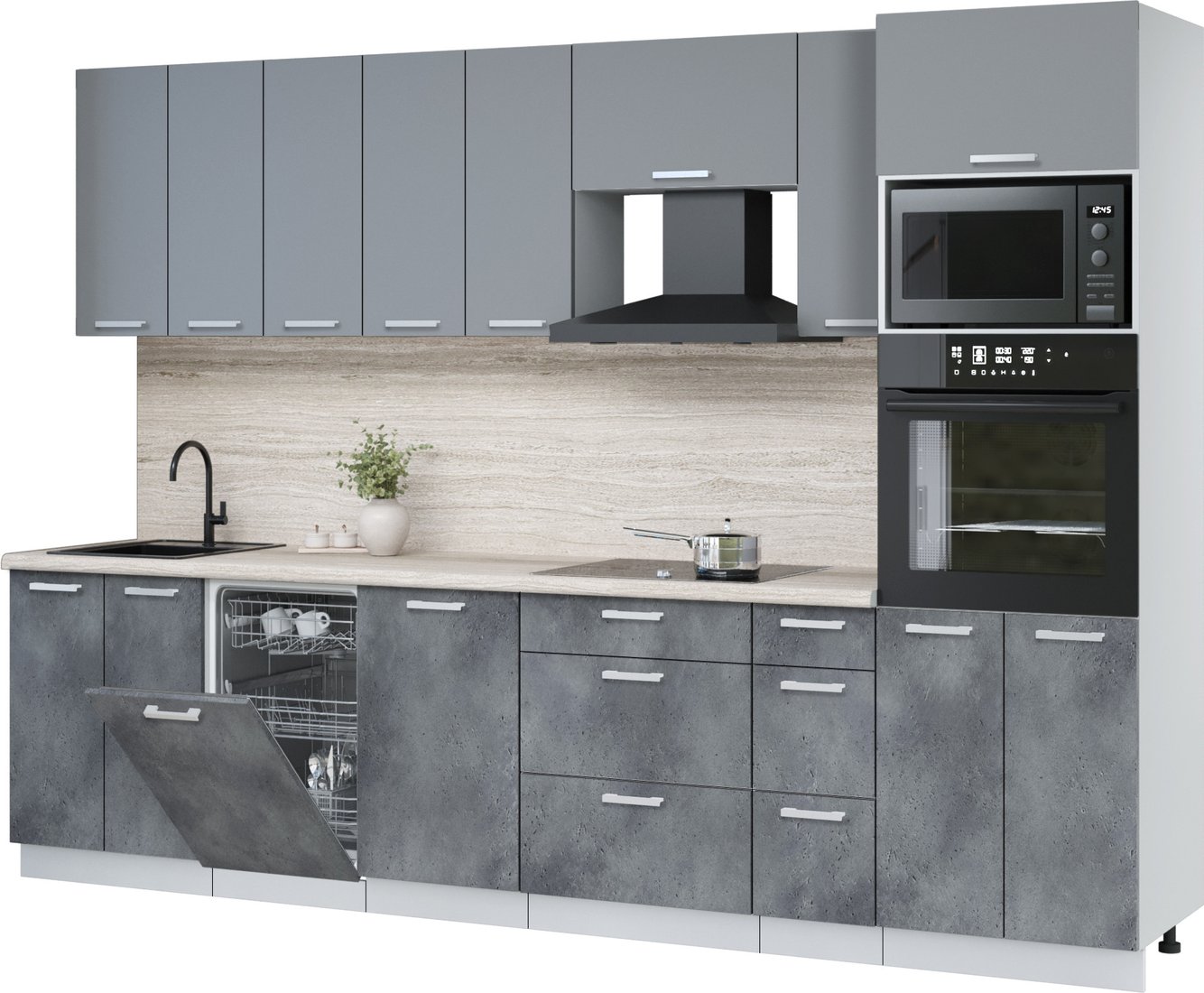 

Готовая кухня Интерлиния Мила Лайт 3.0-ПМ3 (серебро/бетон портленд/травертин серый)