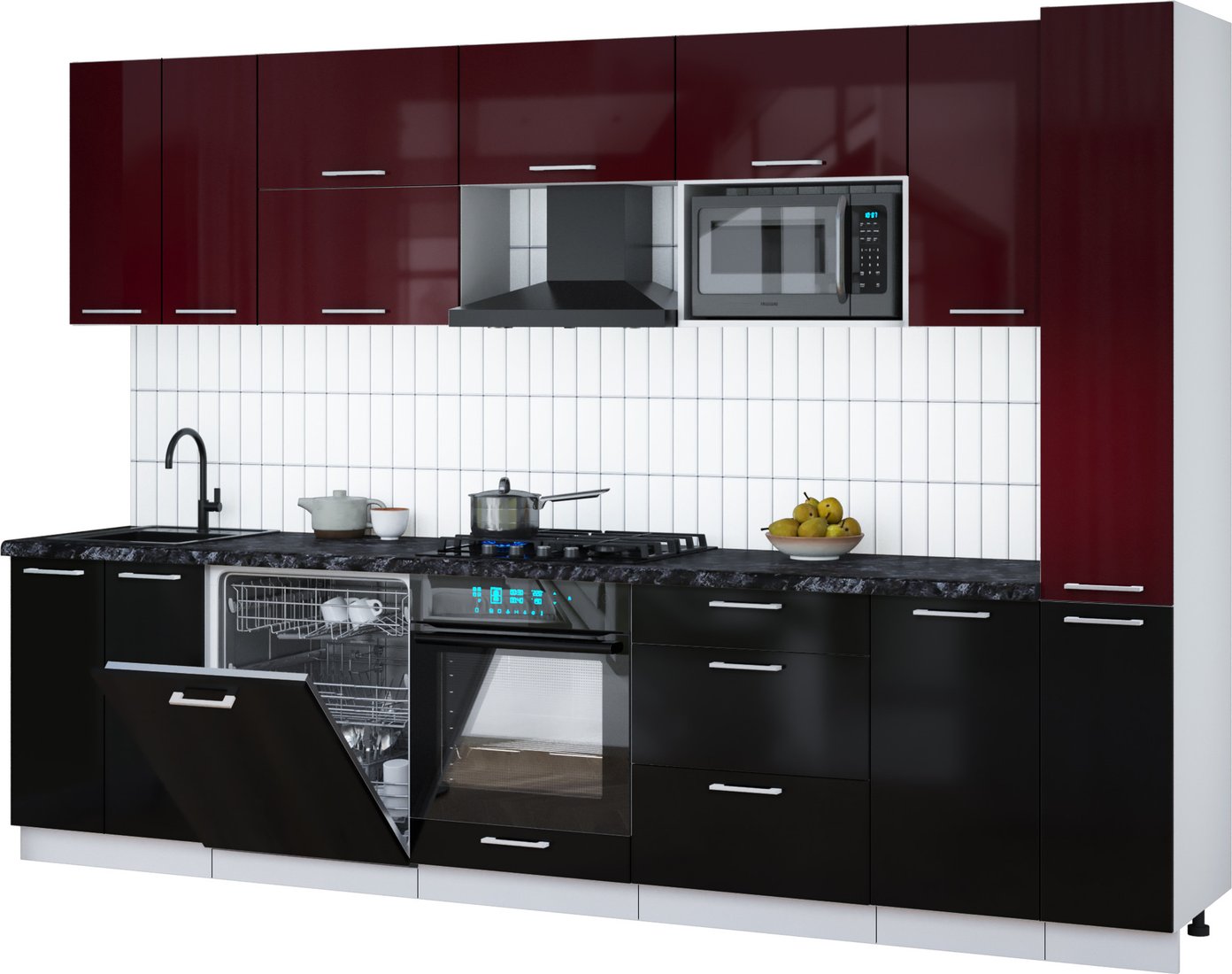 

Готовая кухня Интерлиния Мила Gloss 3.1-ПМ2 (черный глянец/бордовый глянец/кастилло темный)