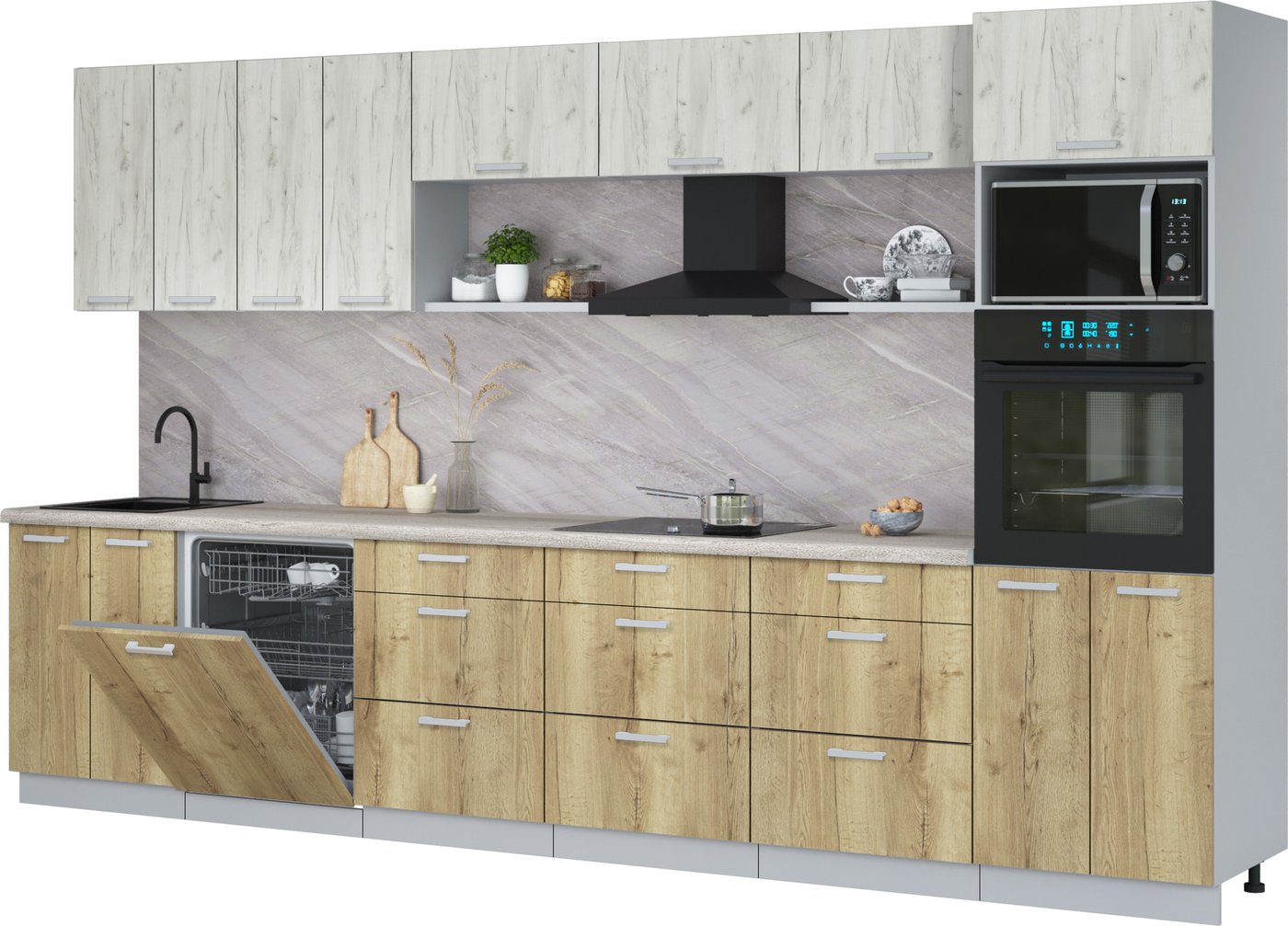 

Готовая кухня Интерлиния Мила Лайт 3.6-ПМ1-2 (дуб белый/дуб золотой/травертин серый)