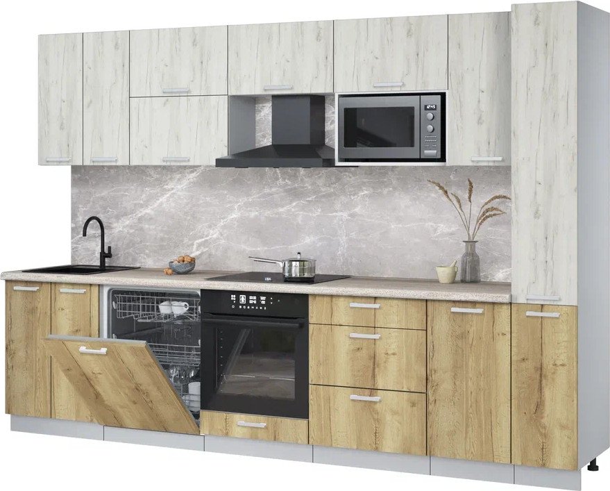 

Готовая кухня Интерлиния Мила Лайт 3.1-ПМ2 (дуб белый/дуб золотой/травертин серый)