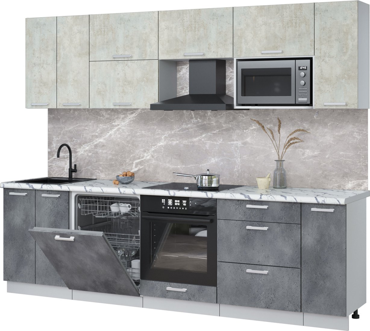 

Готовая кухня Интерлиния Мила Лайт 2.7-ПМ2 (бетон лайт/бетон портленд/белый гранит)