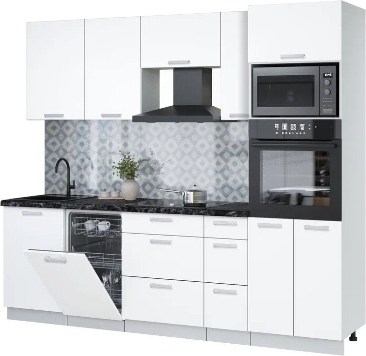 

Готовая кухня Интерлиния Мила Лайт 2.45-ПМ3 (белый платинум/белый платинум/кастилло темный)