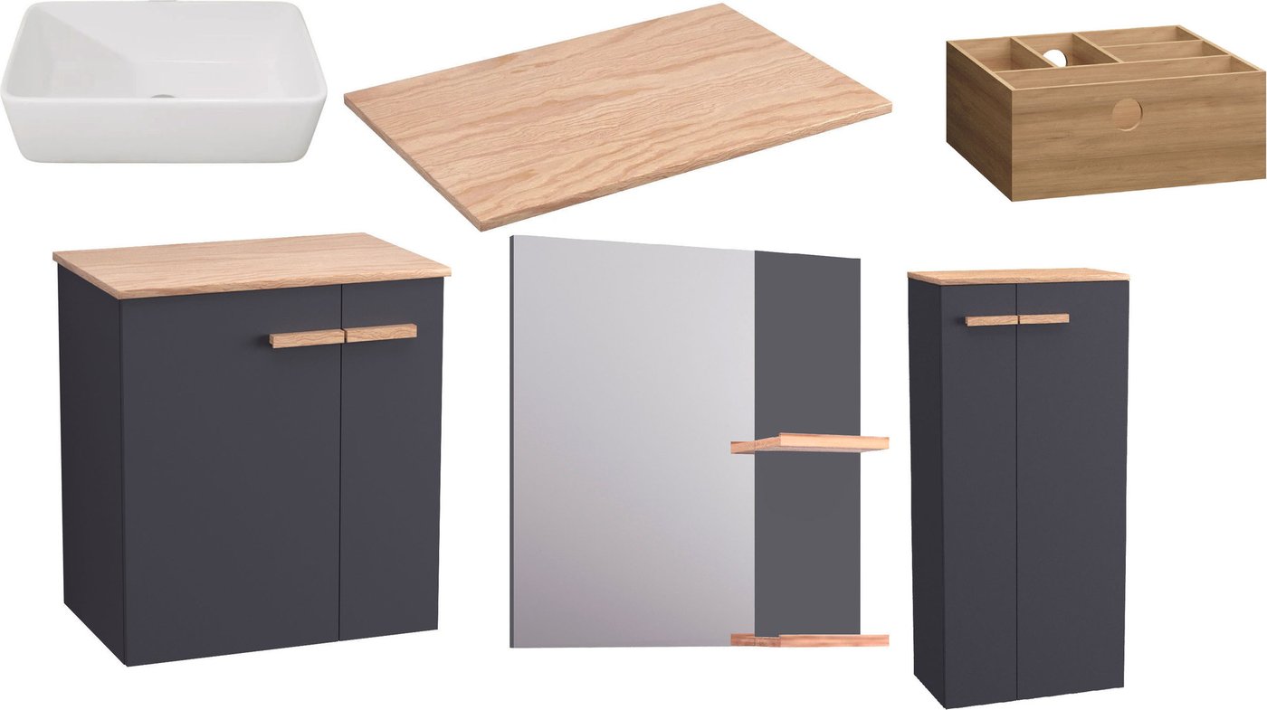 

Lauter Комплект мебели для ванной Adri тумба, столешница, раковина 21674A (органайзер 23 см, шкаф-пенал, зеркало, 59 см, антрацит)