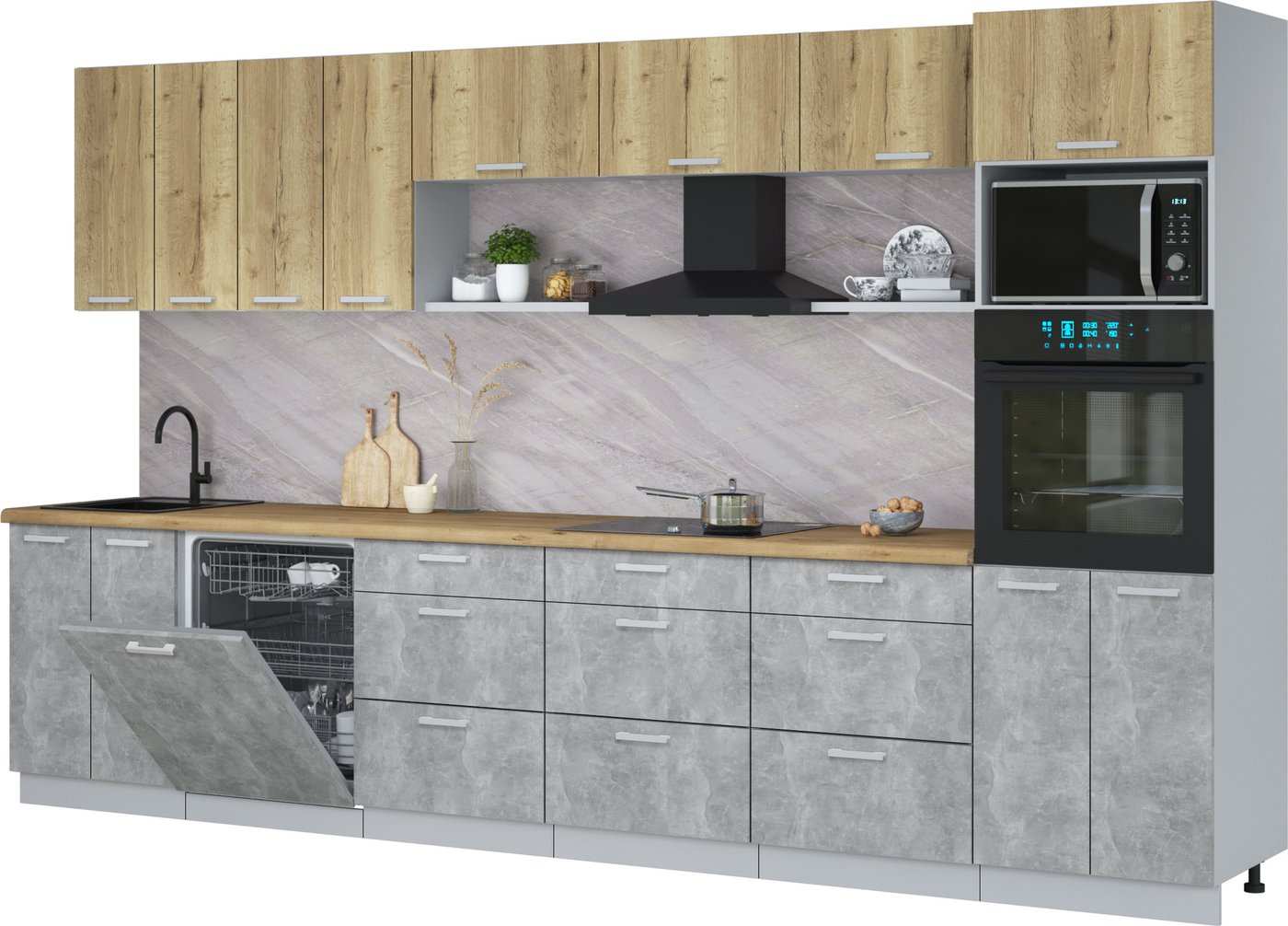 

Готовая кухня Интерлиния Мила Лайт 3.6-ПМ1-2 (дуб золотой/бетон/дуб бунратти)