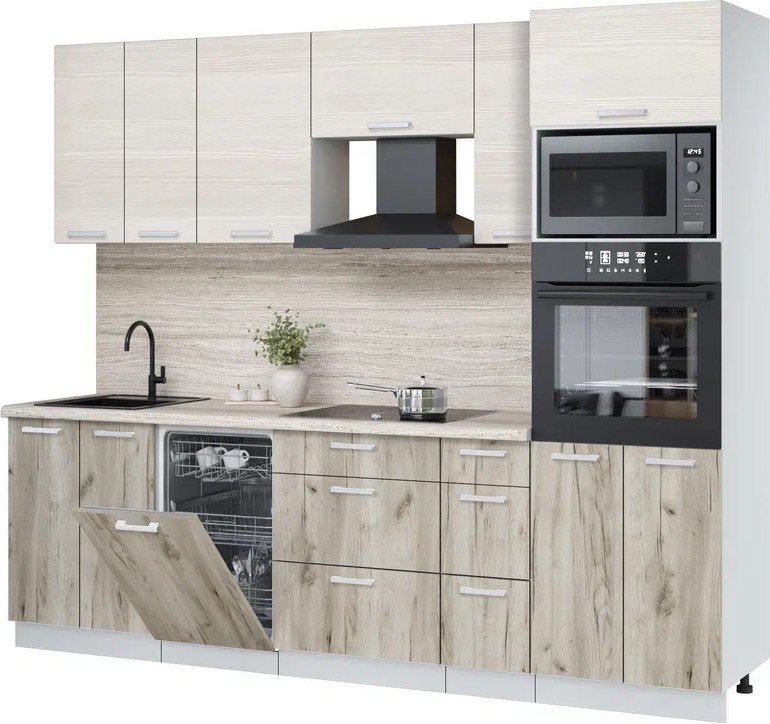 

Готовая кухня Интерлиния Мила Лайт 2.55-ПМ3 (вудлайн кремовый/дуб серый/травертин серый)