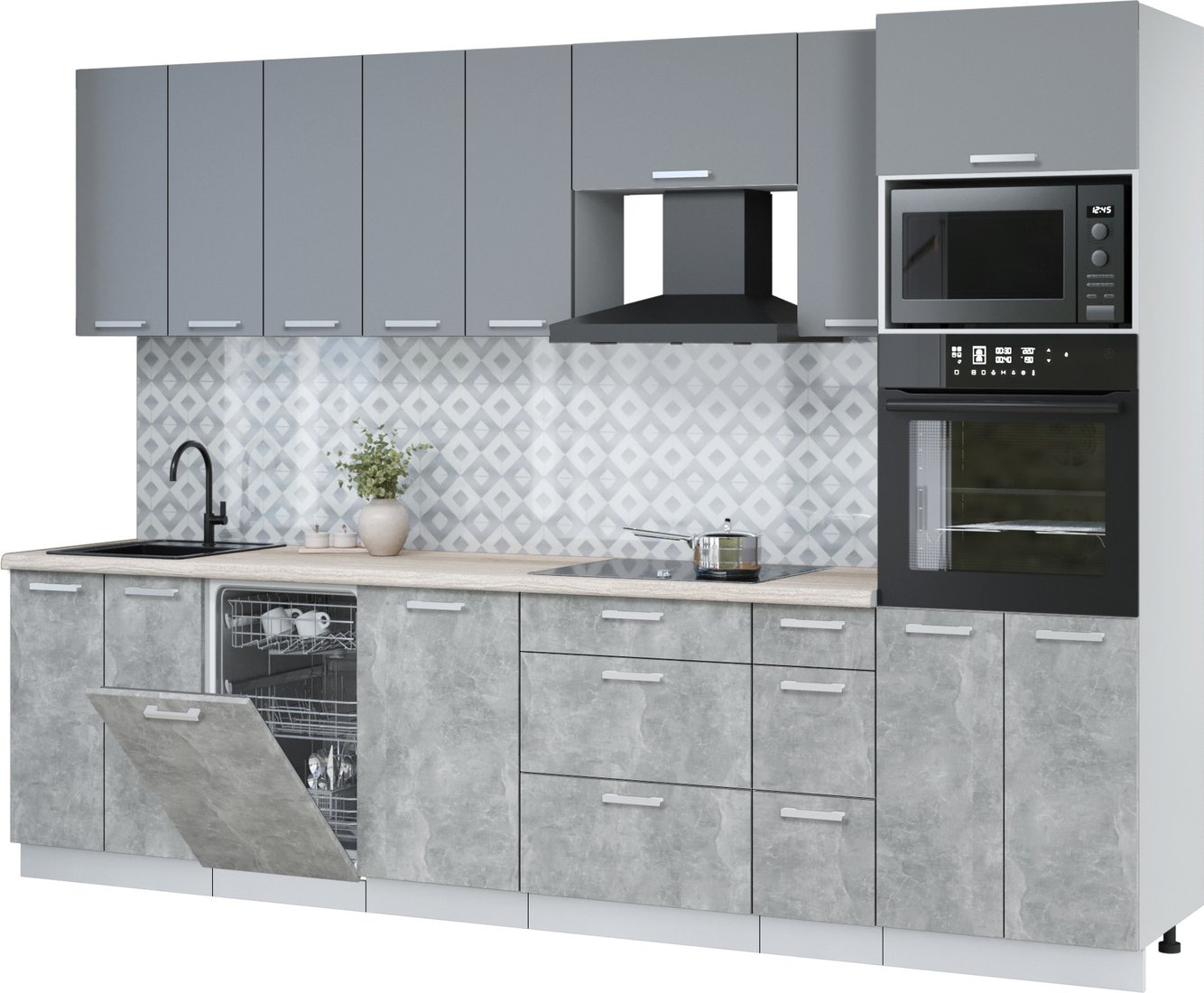 

Готовая кухня Интерлиния Мила Лайт 3.0-ПМ3 (серебро/бетон/травертин серый)