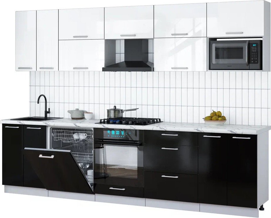 

Готовая кухня Интерлиния Мила Gloss 3.0-ПМ2 (черный глянец/белый глянец/белый гранит)