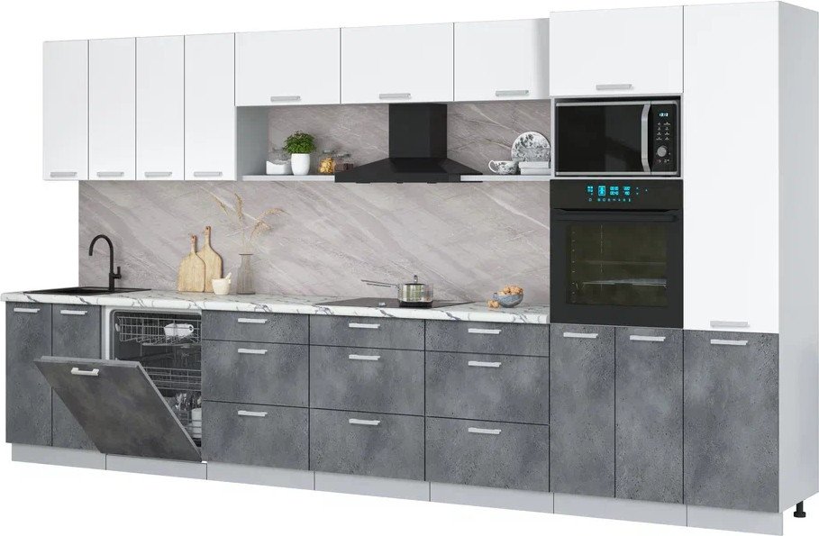 

Готовая кухня Интерлиния Мила Лайт 4.0-ПМ1 (белый платинум/бетон портленд/белый гранит)