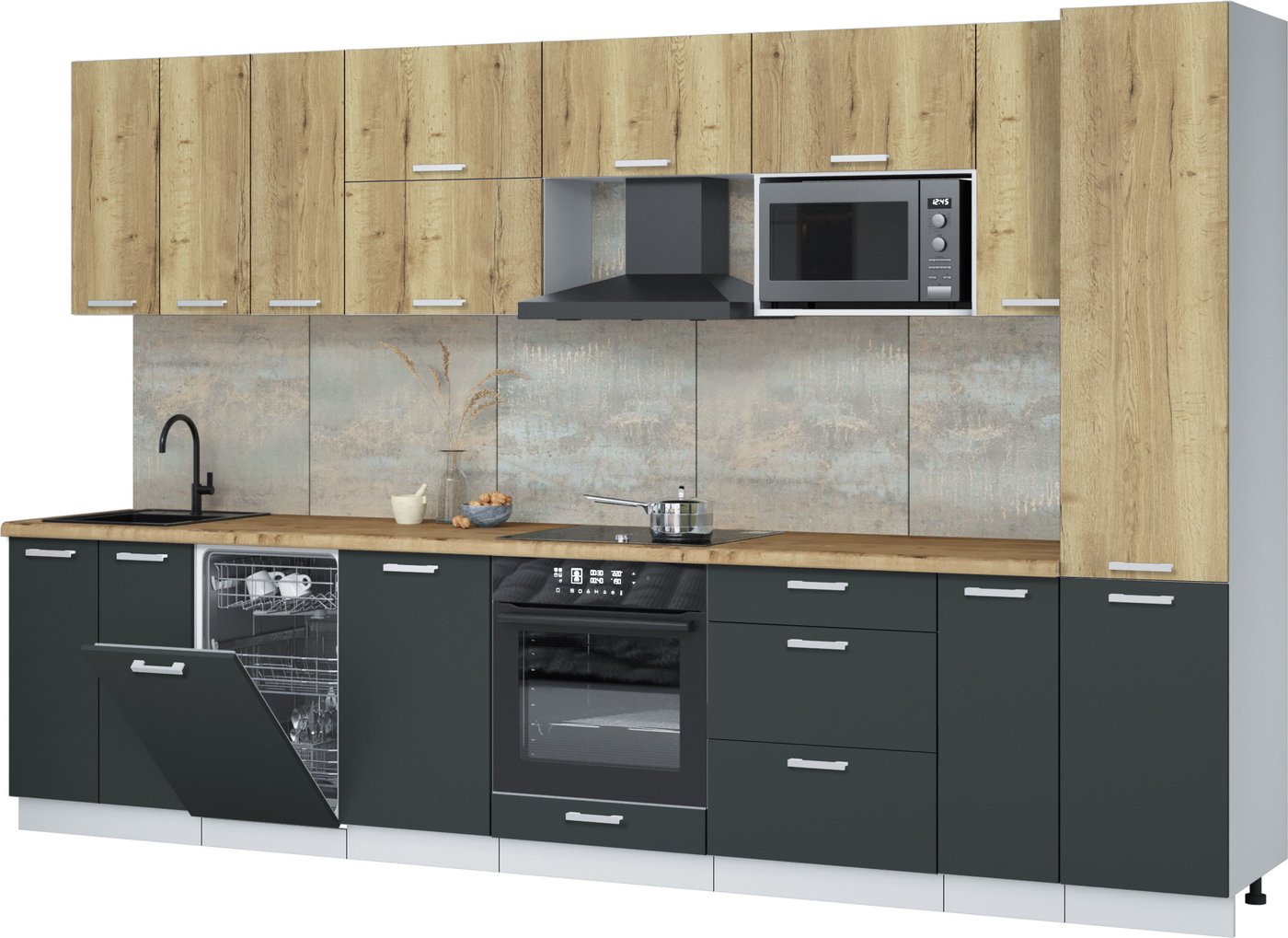 

Готовая кухня Интерлиния Мила Лайт 3.4-ПМ4 (дуб золотой/антрацит/дуб бунратти)