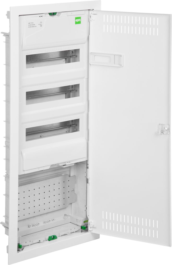 

Бокс пластиковый Elektro-Plast MSF TWIN RP комбинированный, 3*12M+1xМП перф., N/PE-шинки, 1xSCHUKO, мет. дверь, белый RAL9016, 358x853x94mm, IP30