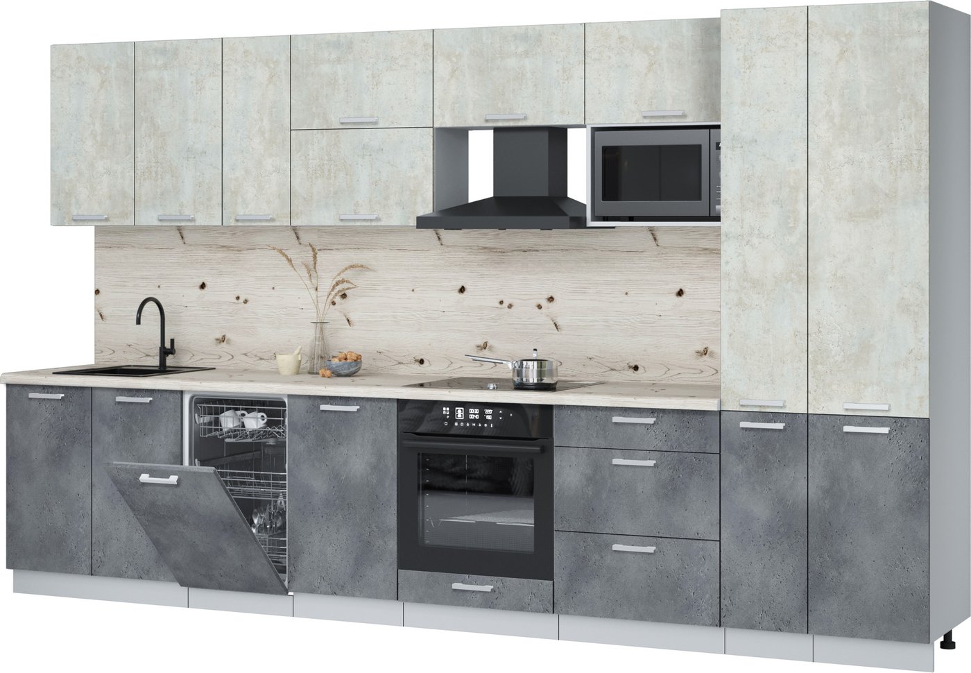 

Готовая кухня Интерлиния Мила Лайт 3.6-ПМ4 (бетон лайт/бетон портленд/бискайская сосна)