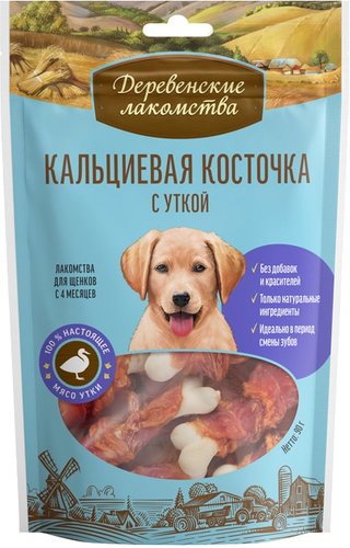 Лакомство для собак Деревенские лакомства Кальциевая косточка с утиным филе для щенков 90 г