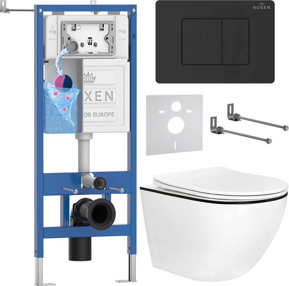 

Унитаз подвесной Roxen Antares Black в комплекте с инсталляцией StounFix Dual Fresh 6 в 1 868511 (кнопка: черный матовая)