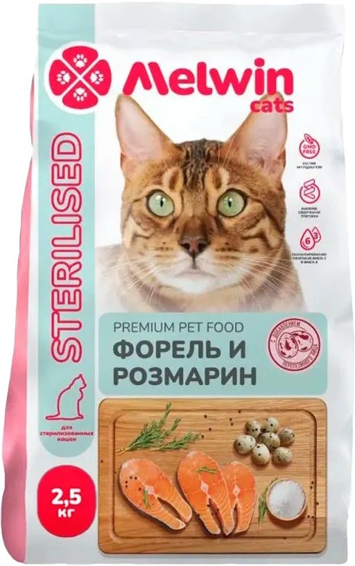 

Сухой корм для кошек Melwin для стерилизованных с форелью и розмарином (2.5кг)