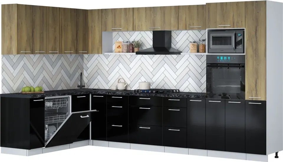 

Готовая кухня Интерлиния Мила Gloss 1.896х3.48 (черный глянец/дуб вотан/кастилло темный)