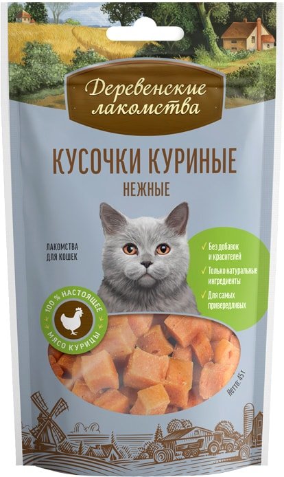 

Лакомство для кошек Деревенские лакомства Кусочки куриные нежные 45 г