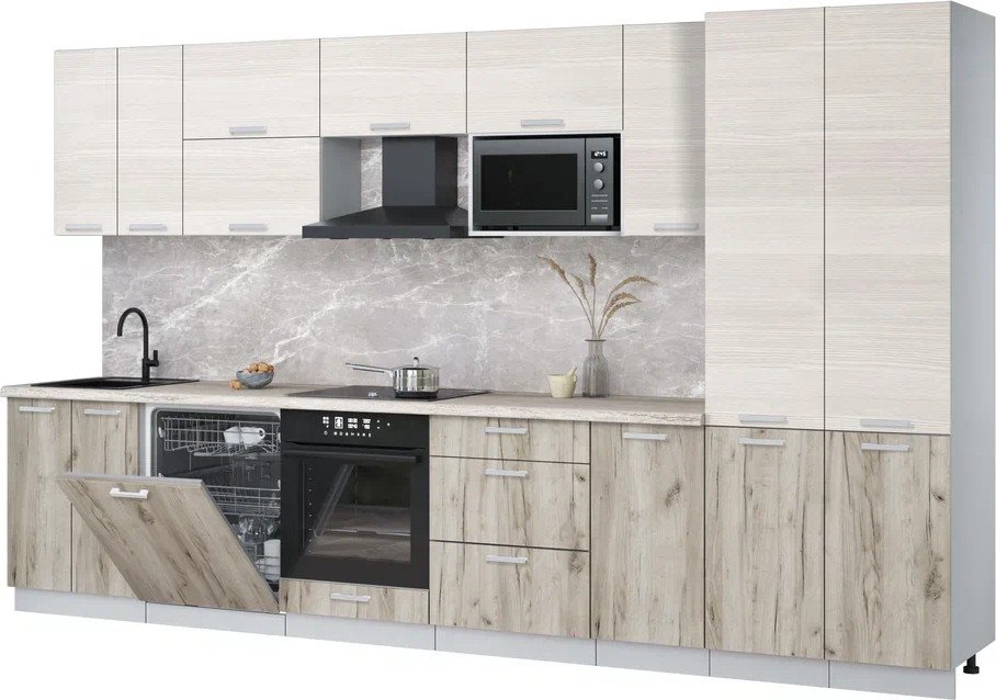 

Готовая кухня Интерлиния Мила Лайт 3.6-ПМ2 (вудлайн кремовый/дуб серый/травертин серый)