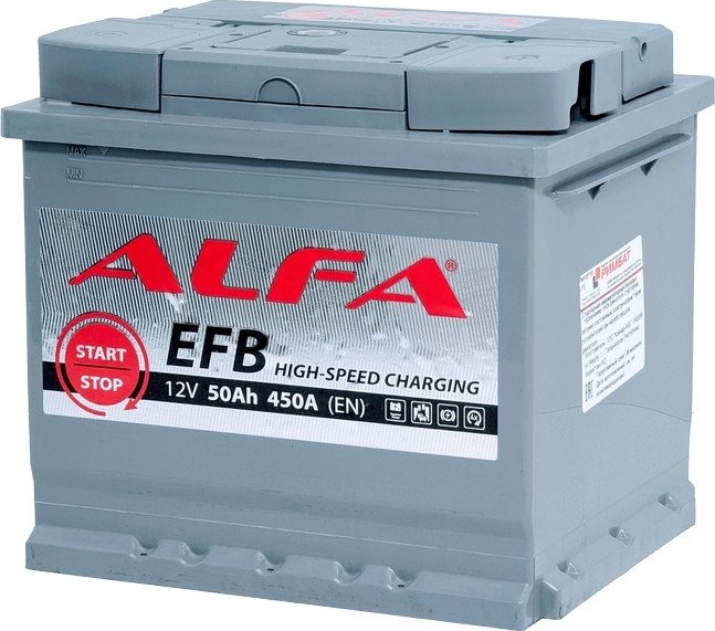 

Автомобильный аккумулятор ALFA EFB 50 R (50 А·ч)