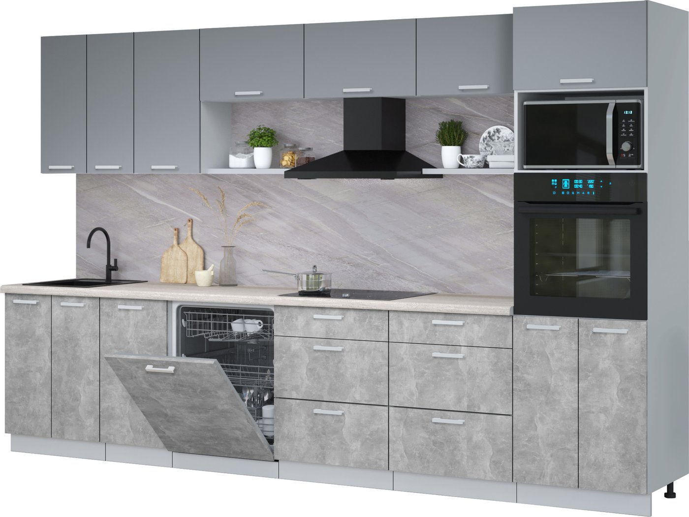 

Готовая кухня Интерлиния Мила Лайт 3.4-ПМ1-2 (серебро/бетон/травертин серый)