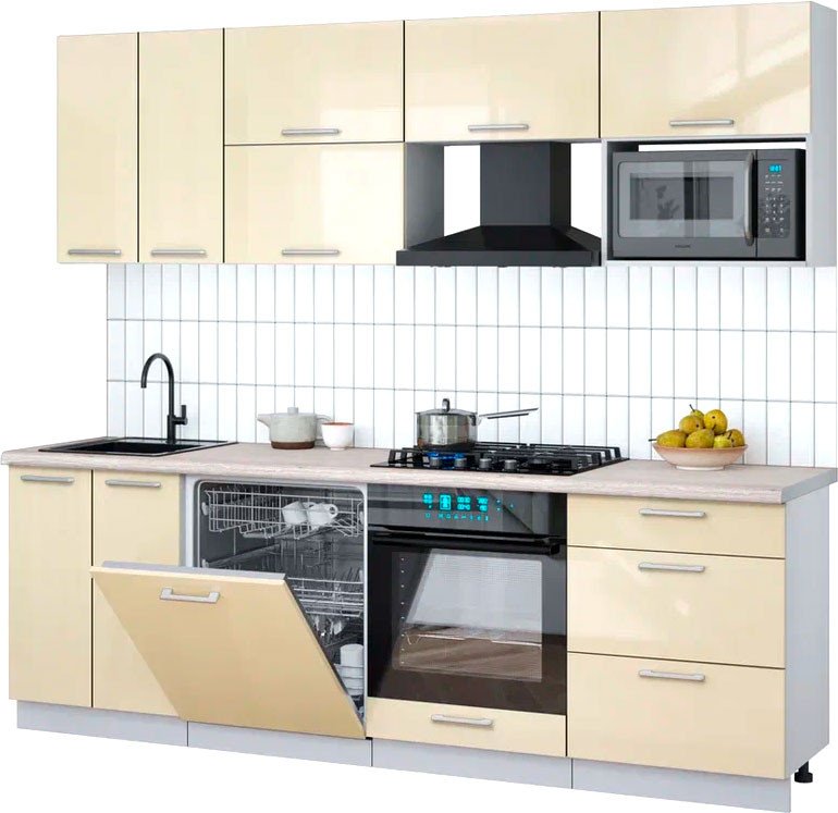 

Готовая кухня Интерлиния Мила Gloss 2.4-ПМ2 (ваниль глянец/ваниль глянец/травертин серый)