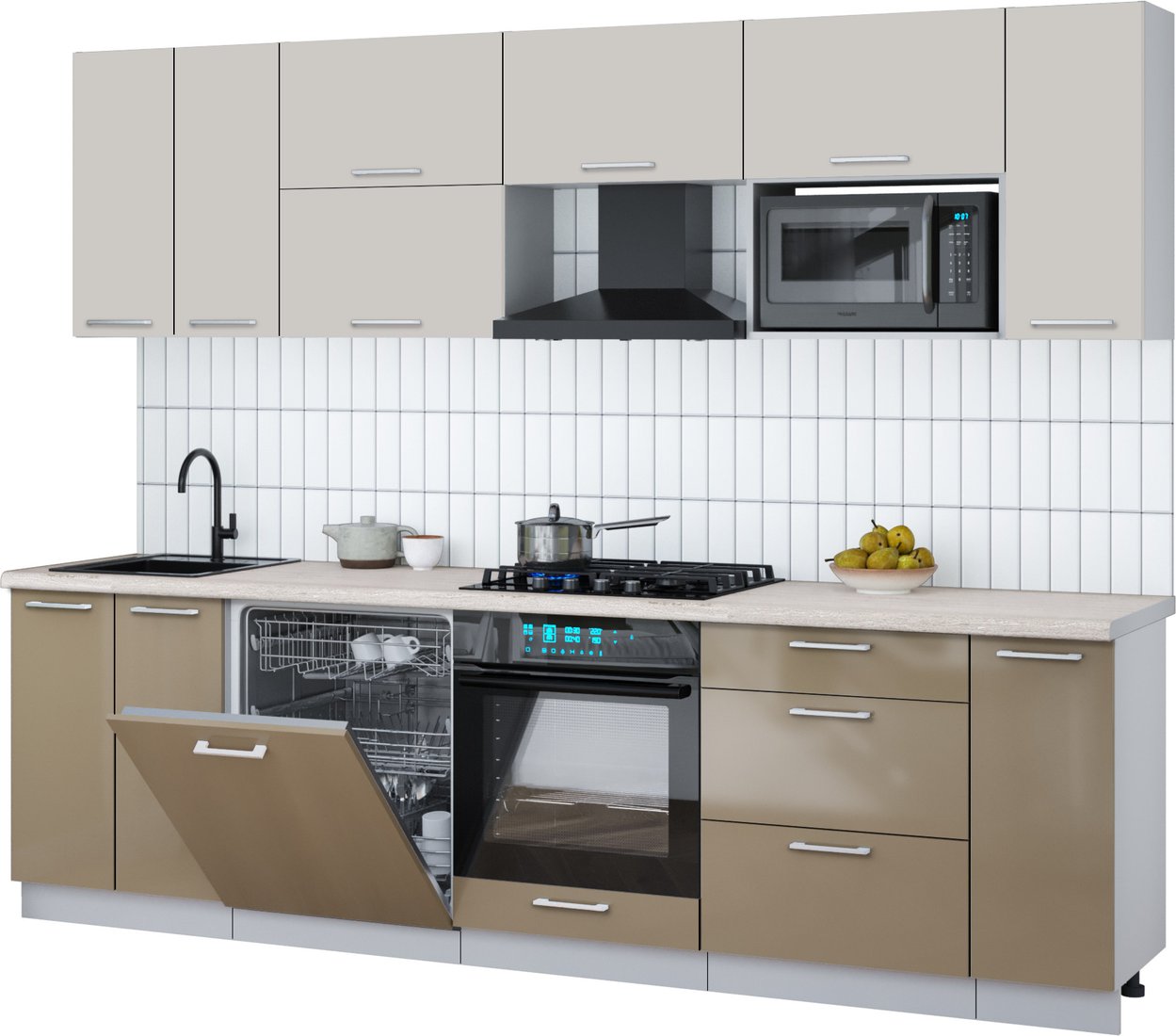 

Готовая кухня Интерлиния Мила Gloss 2.7-ПМ2 (капучино глянец/кашемир/травертин серый)