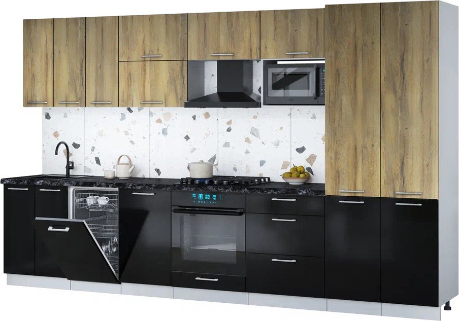 

Готовая кухня Интерлиния Мила Gloss 3.5-ПМ4 (черный глянец/дуб вотан/кастилло темный)