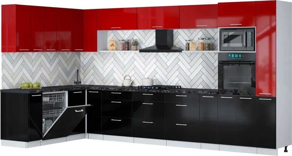 

Готовая кухня Интерлиния Мила Gloss 1.896х3.88 (черный глянец/красный глянец/кастилло темный)