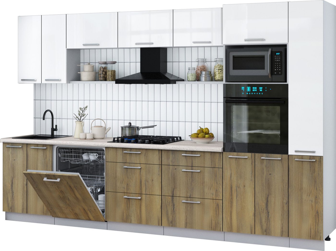 

Готовая кухня Интерлиния Мила Gloss 3.3-ПМ1 (дуб вотан/белый глянец/травертин серый)