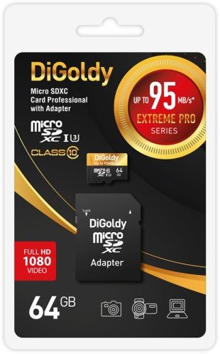 

Карта памяти DiGoldy Extreme Pro microSDXC 64GB DG064GCSDXC10UHS-1-ElU3 (с адаптером)
