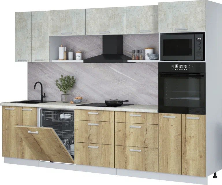 

Готовая кухня Интерлиния Мила Лайт 3.0-ПМ1 (бетон лайт/дуб золотой/опал светлый)