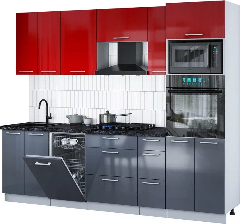 

Готовая кухня Интерлиния Мила Gloss 2.55-ПМ3 (асфальт глянец/красный глянец/кастилло темный)
