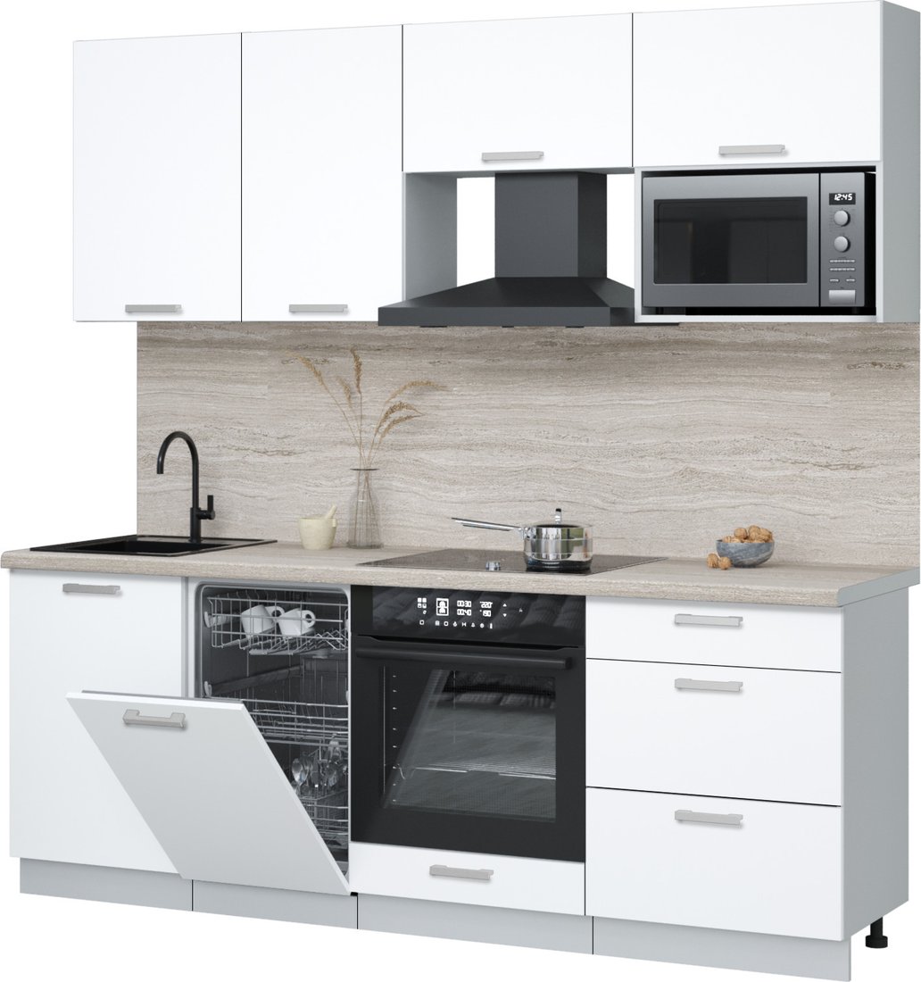 

Готовая кухня Интерлиния Мила Лайт 2.15-ПМ4 (белый платинум/белый платинум/травертин серый)