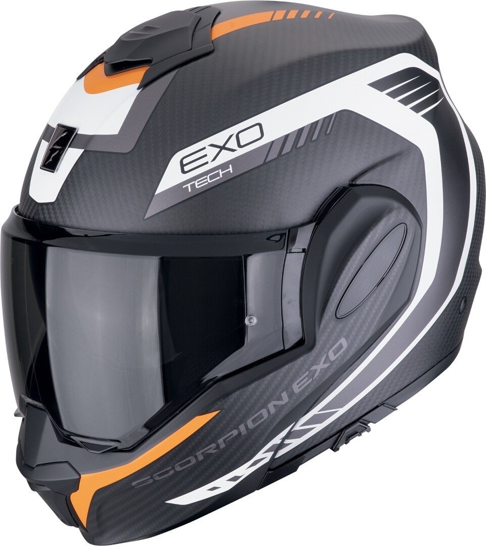 

Мотошлем Scorpion Exo Exo-Tech Evo Carbon Cosy (р. XL, карбон матовый/оранжевый/белый)