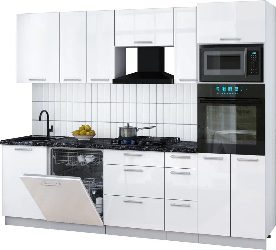 

Готовая кухня Интерлиния Мила Gloss 2.6-ПМ1 (белый глянец/белый глянец/кастилло темный)