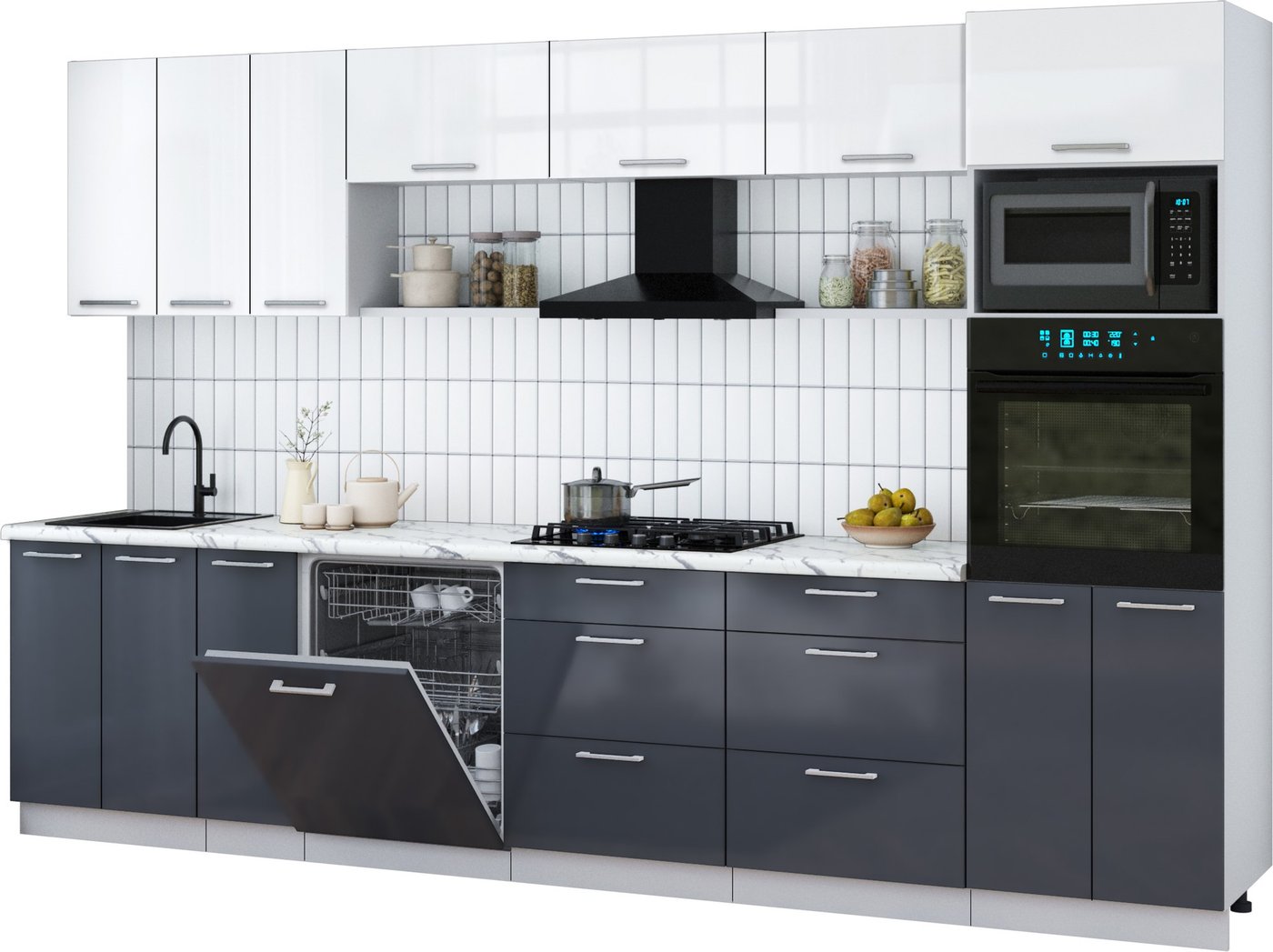 

Готовая кухня Интерлиния Мила Gloss 3.3-ПМ1-2 (асфальт глянец/белый глянец/белый гранит)