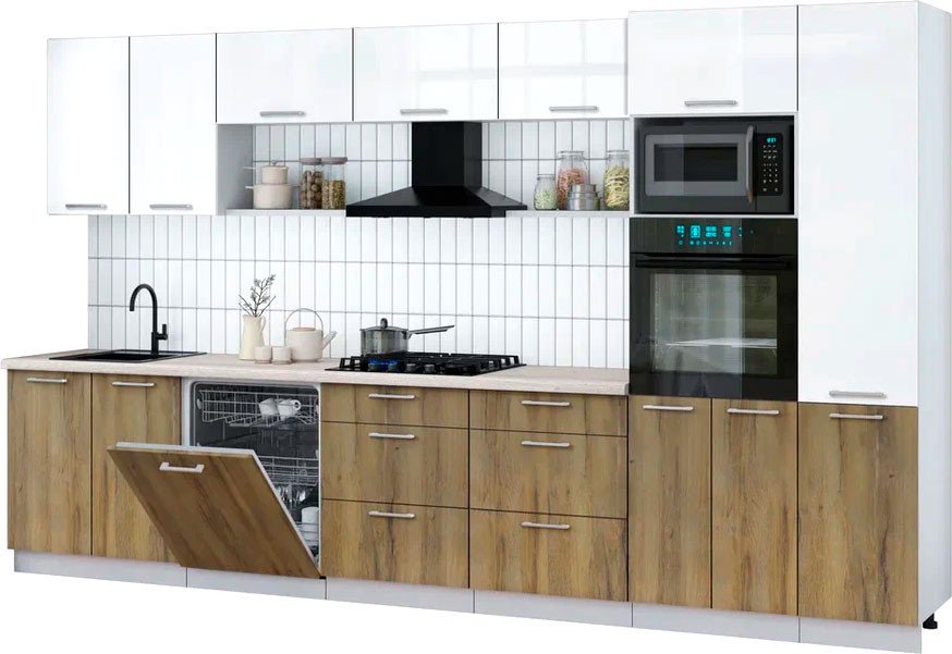 

Готовая кухня Интерлиния Мила Gloss 3.6-ПМ1 (дуб вотан/белый глянец/травертин серый)