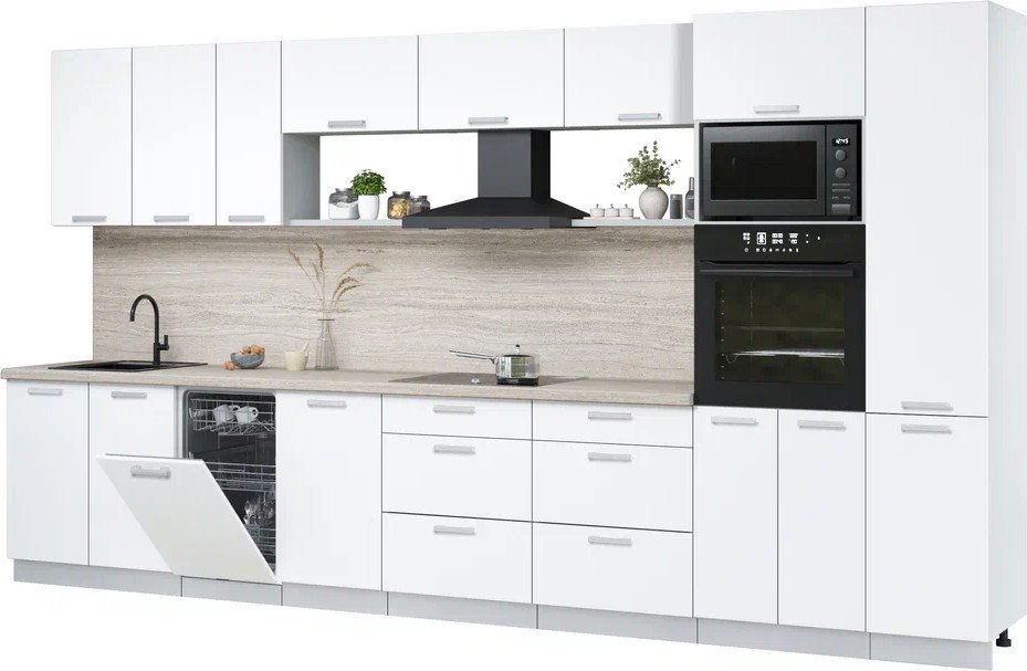 

Готовая кухня Интерлиния Мила Лайт 3.9-ПМ3 (белый платинум/белый платинум/травертин серый)