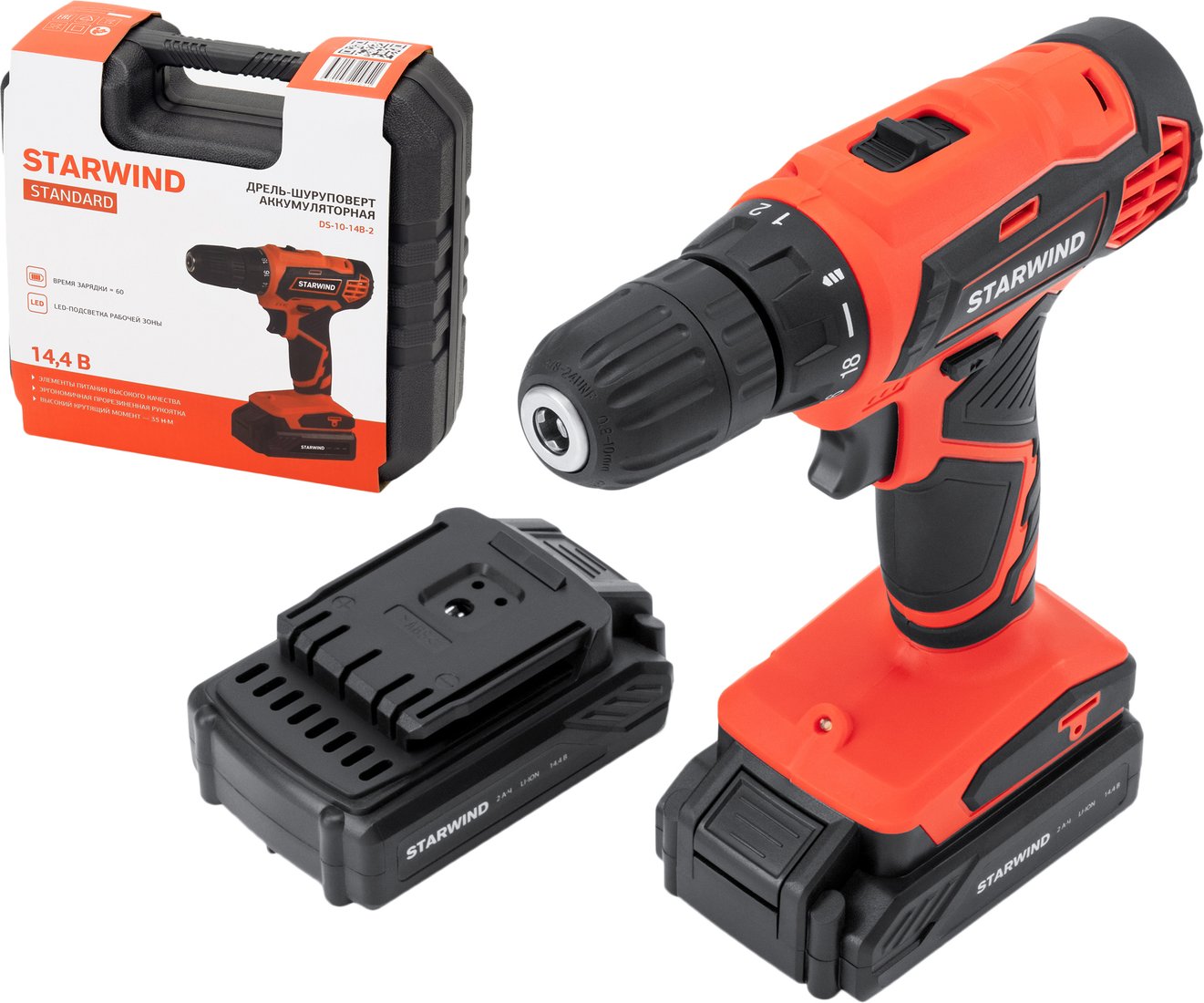 

Дрель-шуруповерт StarWind DS-10-14B-2 KWCD2102 (с 2-мя АКБ, кейс)