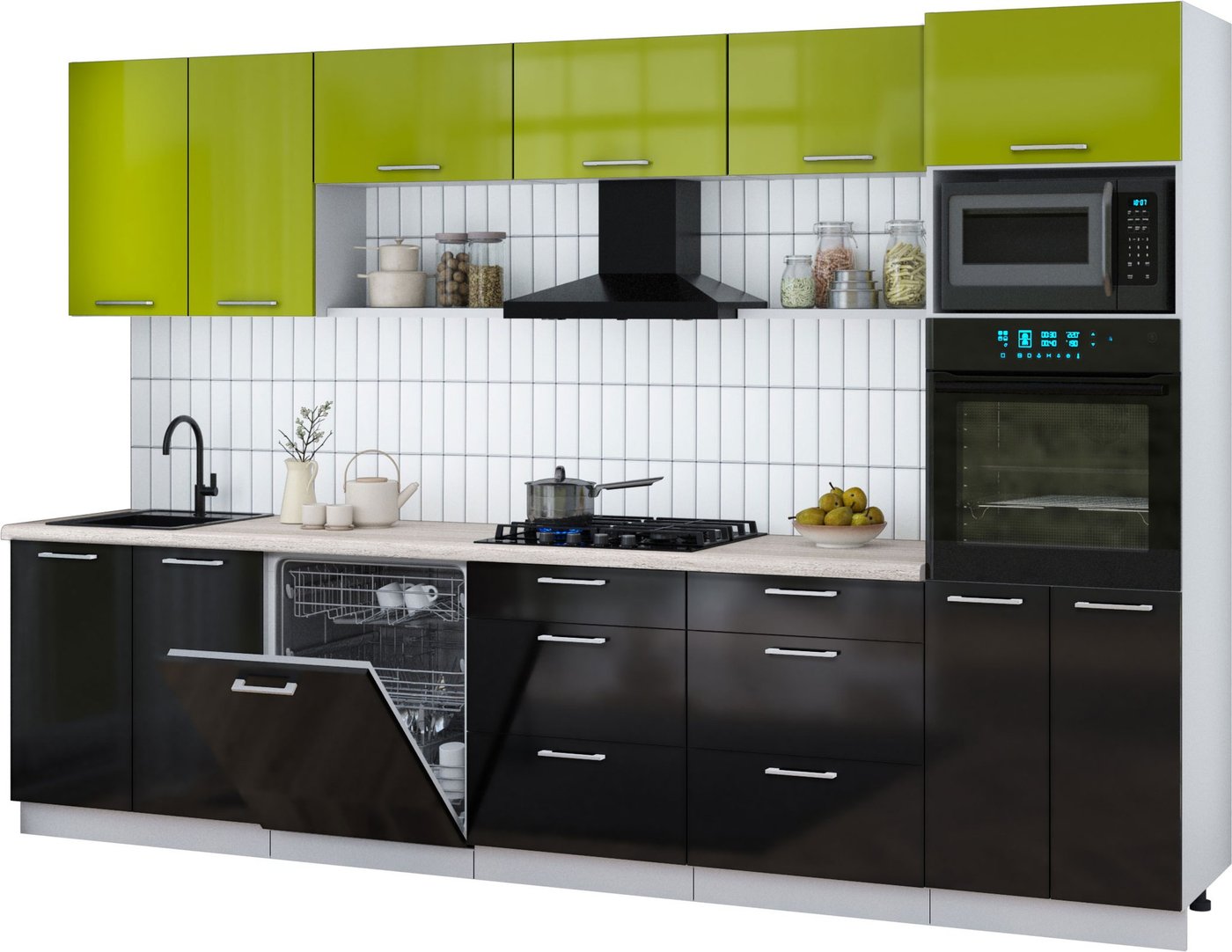 

Готовая кухня Интерлиния Мила Gloss 3.2-ПМ1 (черный глянец/яблоко глянец/травертин серый)