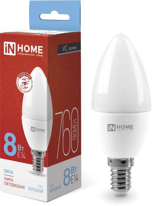 

Светодиодная лампочка In Home LED-Свеча-VC 8Вт 230В Е14 6500К 760Лм 4690612024806