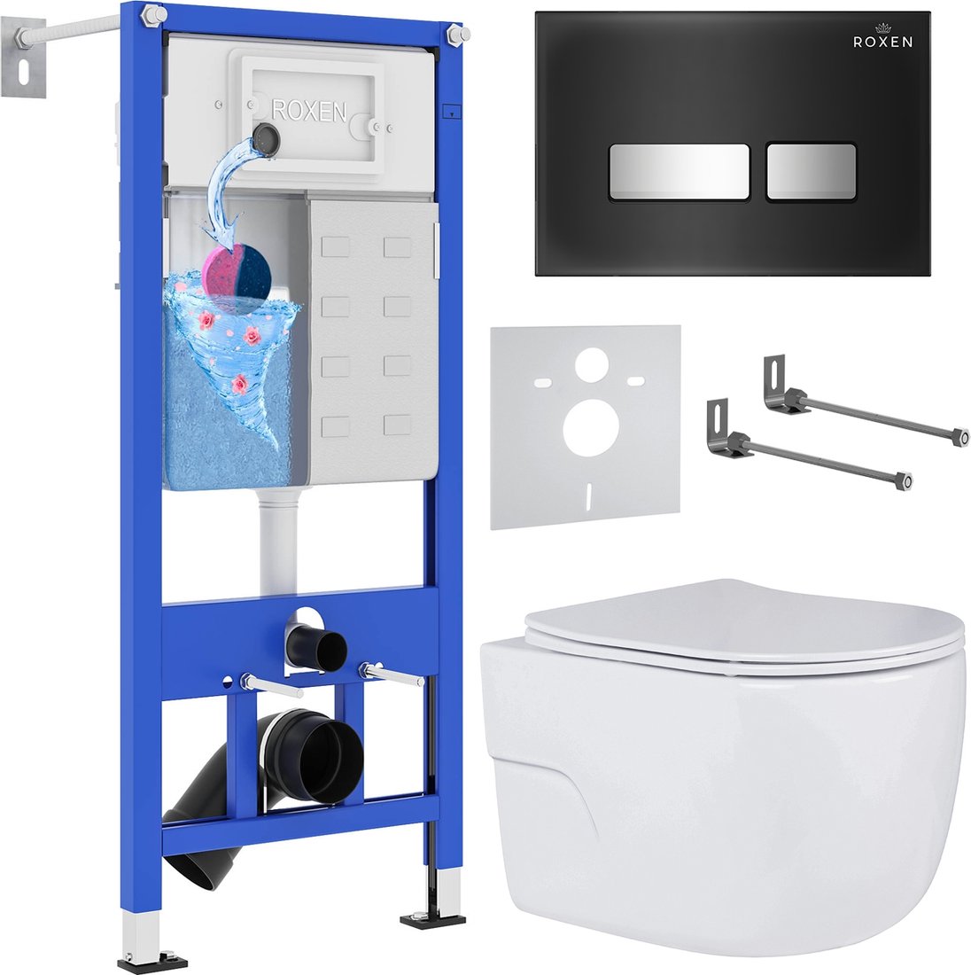 

Унитаз подвесной Roxen Porto One Rimless 6 в 1 StounFix Dual Fresh 646666 (чёрное стекло)
