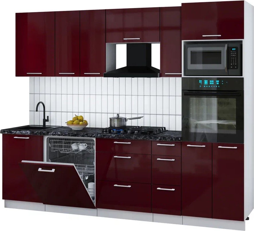 

Готовая кухня Интерлиния Мила Gloss 2.6-ПМ1 (бордовый глянец/бордовый глянец/кастилло темный)